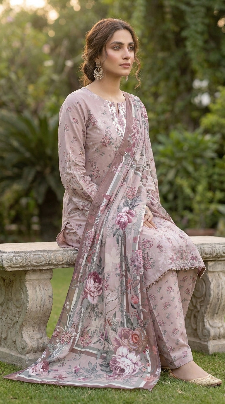Mauve Peony Reverie - Close-up neckline embroidery