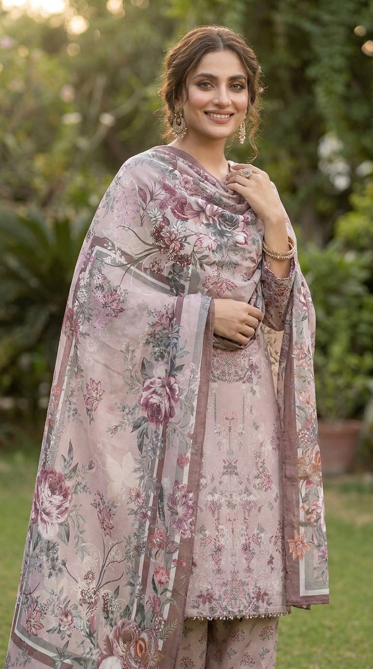 Mauve Peony Reverie - Back dupatta trail view