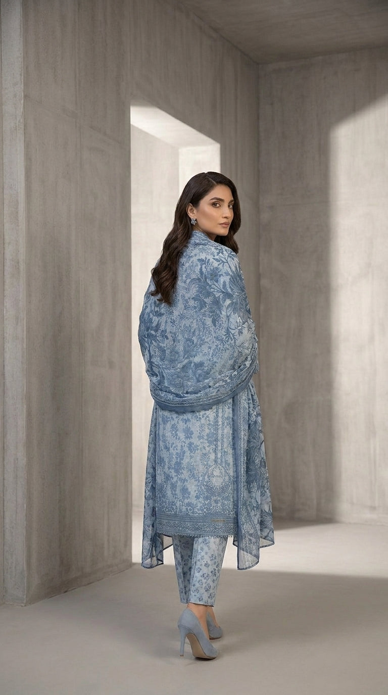 Steel Blue Serenity - Back view dupatta drape
