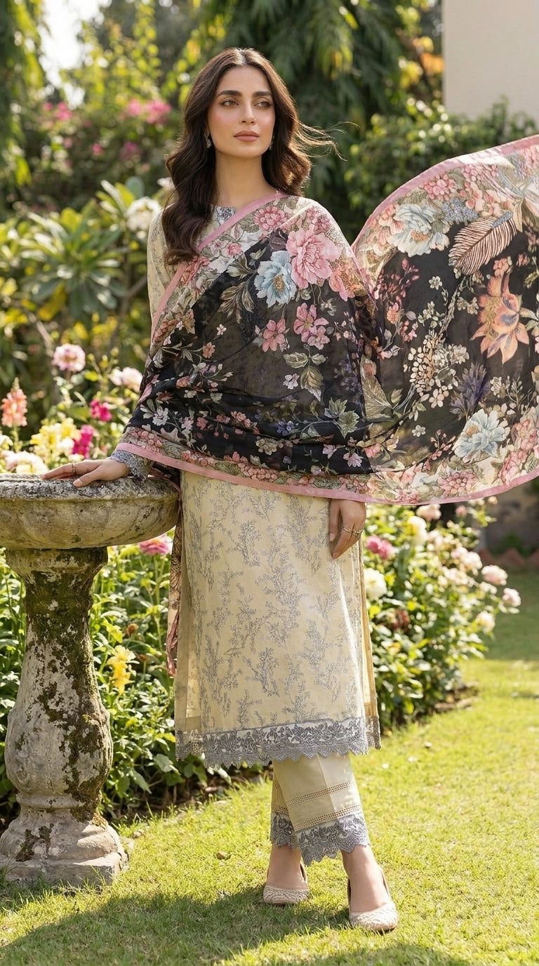 Ivory Noir Peony - Back dupatta drape view