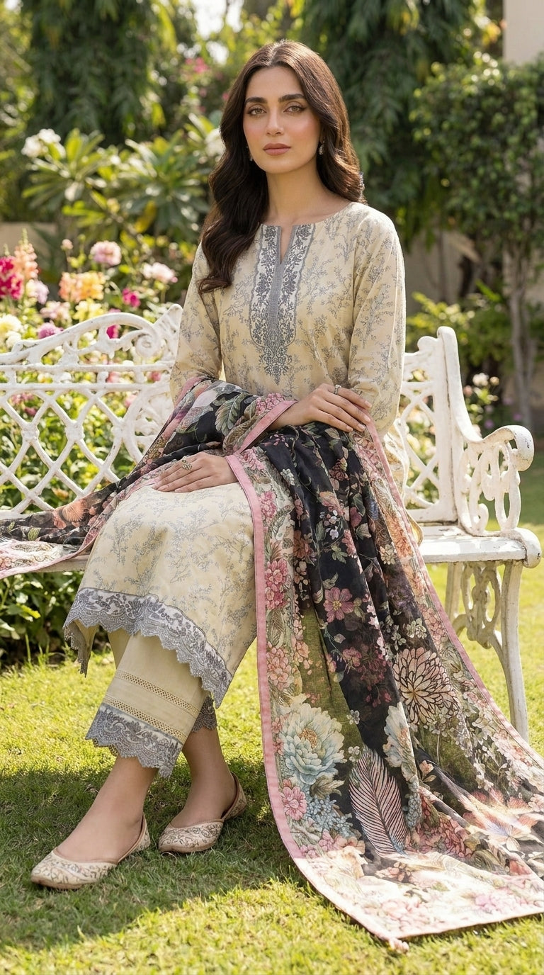 Ivory Noir Peony - Fountain side dupatta spread