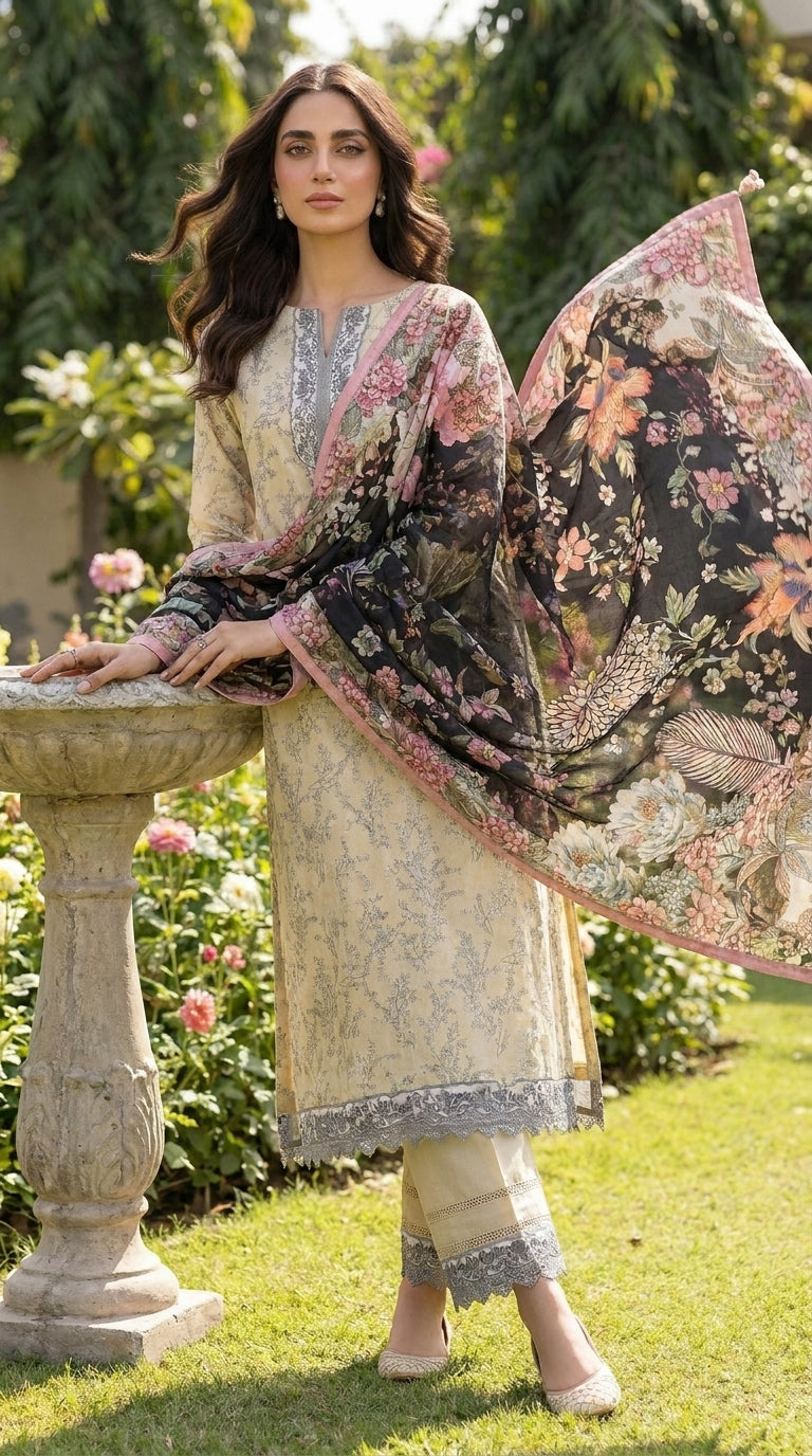 Ivory Noir Peony - Neckline embroidery close-up