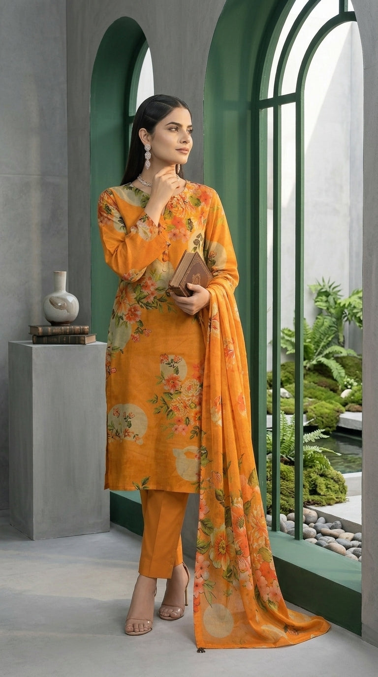 Volume 9 by Bin Kashif Collection — marigold orange luxury lawn unstitched suit with oversized watercolour peony and hibiscus floral print and matching printed lawn dupatta