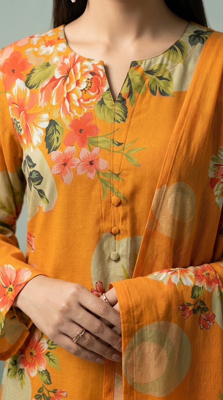 Full length front view of a smiling model in a green-panelled studio with circular window wearing a marigold orange luxury lawn suit with all-over oversized watercolour peony and hibiscus floral print, V-notch neckline with fabric button placket, plain orange cigarette trousers, and matching printed lawn dupatta with coral border held open in one hand