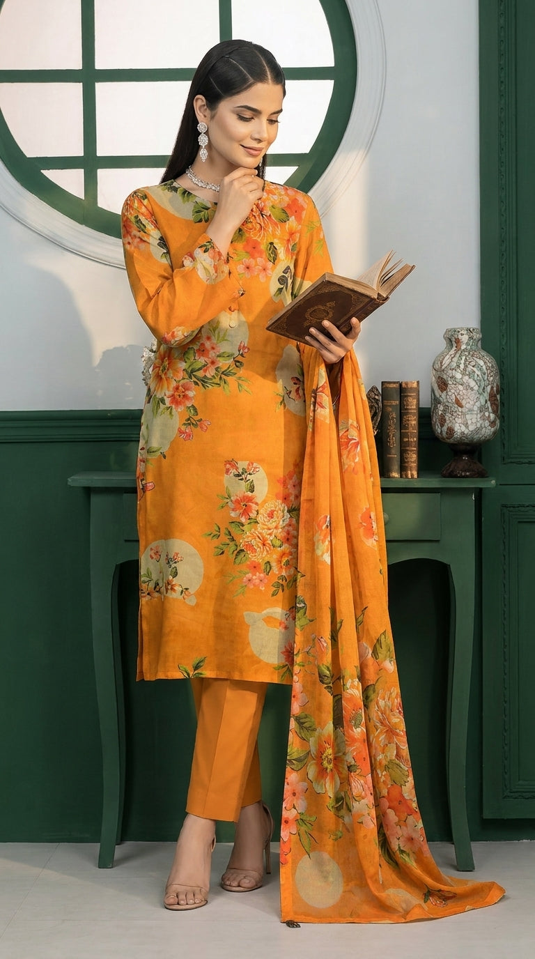 Close-up portrait of a model in a green-panelled studio adjusting her diamond hoop earring, wearing a marigold orange luxury lawn kameez with all-over oversized watercolour peony and hibiscus floral print and V-notch neckline with fabric button placket, diamond choker necklace