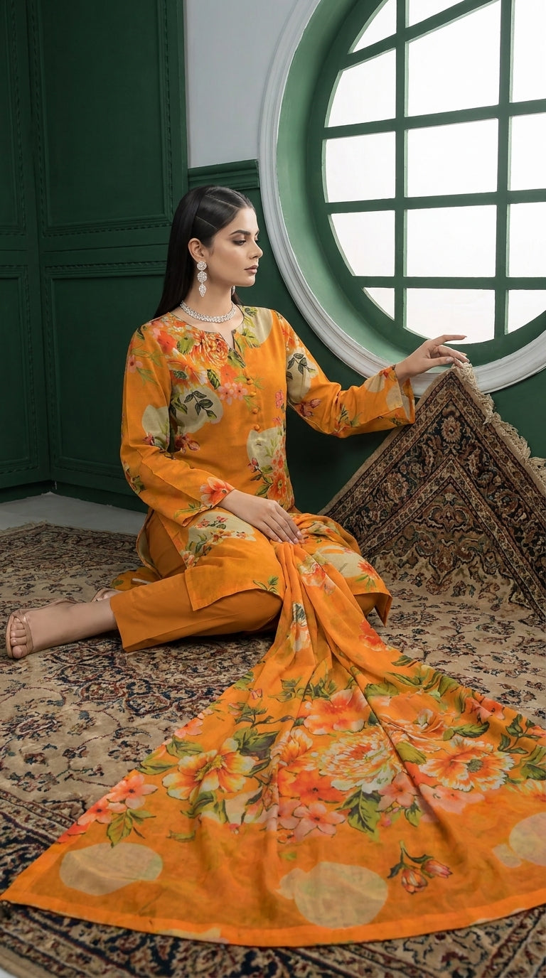 Full length back view of a model in a marigold orange luxury lawn suit with all-over oversized watercolour peony and hibiscus floral print, plain orange cigarette trousers, and matching printed lawn dupatta with coral border, green-panelled studio background